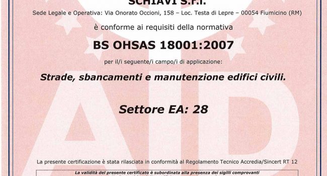 Certificazione di Qualità Norma BS OHSAS 18001 2007